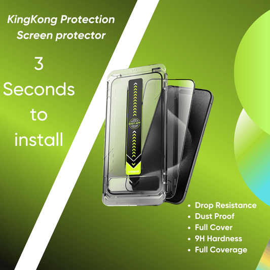 "Lightning fast KingKong protection screen protector with drop resistance, dust proof, full cover, 9H hardness, and full coverage features"